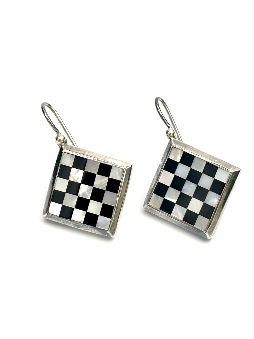 Checkerboard Earrings Vintage Mexico Sterling Silver, Mother of Pearl, Onyx